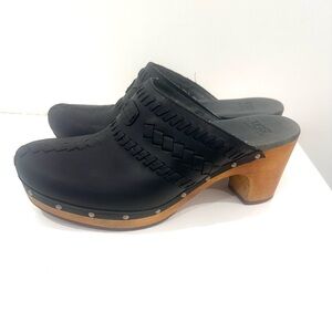 UGG women’s black woven leather clogs with wood heels 7